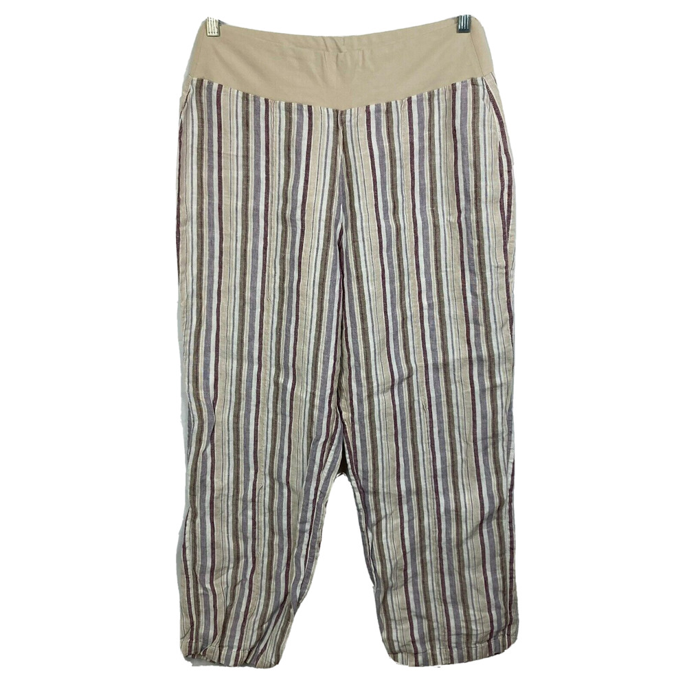 Coldwater Creek Pants Womens Sz 12P Beige Stripe 100% Linen Pull On Straight Leg